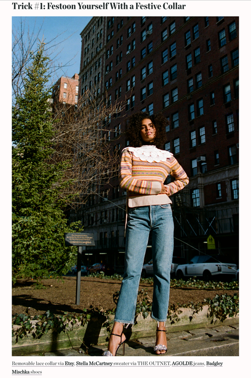 Man Repeller  Harling Ross • USA • Dec 17 • 7:00 am     3 Tricks for Making Clothes You Already Have Look Festive   via Etsy, Stella McCartney sweater via THE OUTNET, AGOLDE jeans, Badgley Mischka shoes   Reach 2M
